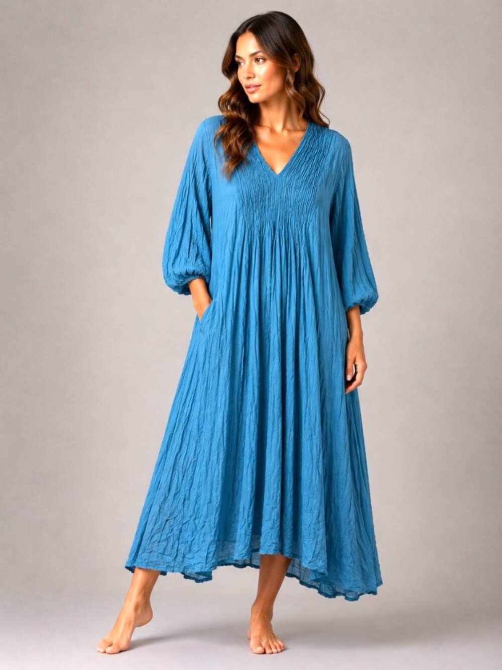 NEW DustyBlue Cotton Boho Maxi Dress Oversized Relaxed Fit with Pockets Thailand